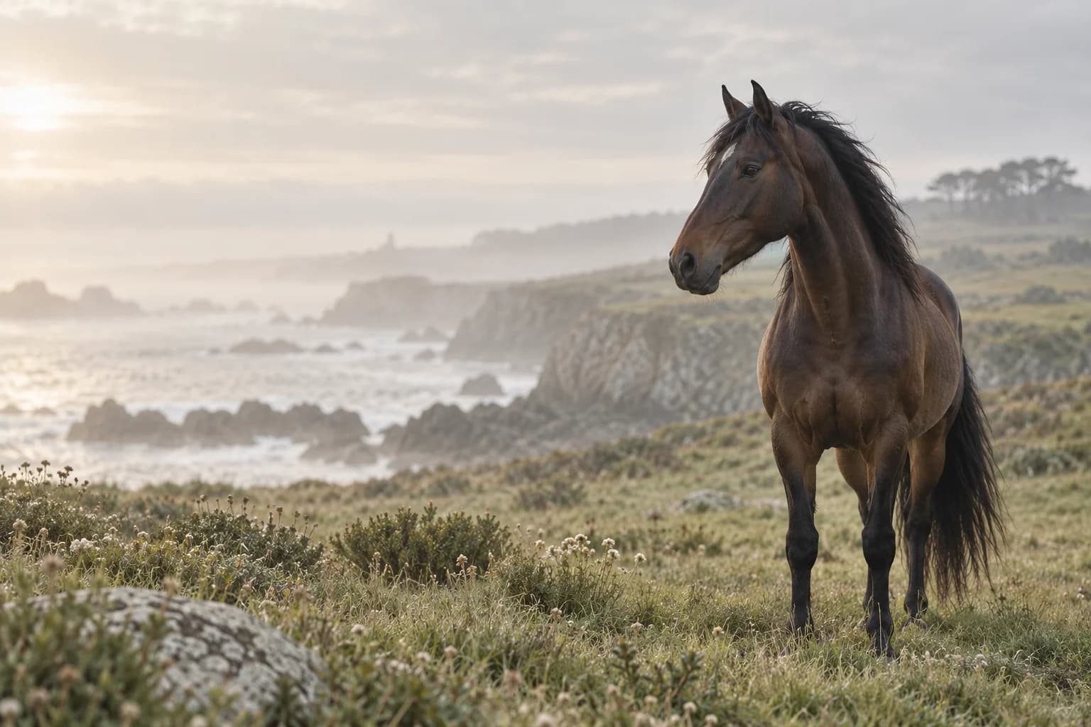 Cheval brun devant un paysage côtier brumeux, visuel d’ambiance